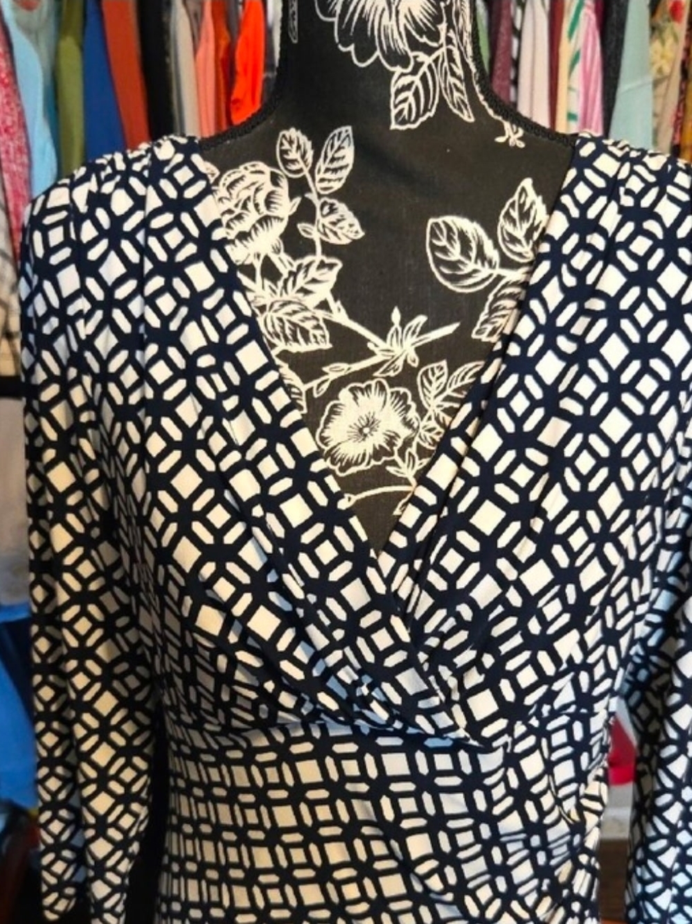Lauren Ralph Lauren Black and White Geometric Wrap Midi Dress - Picture 2 of 5